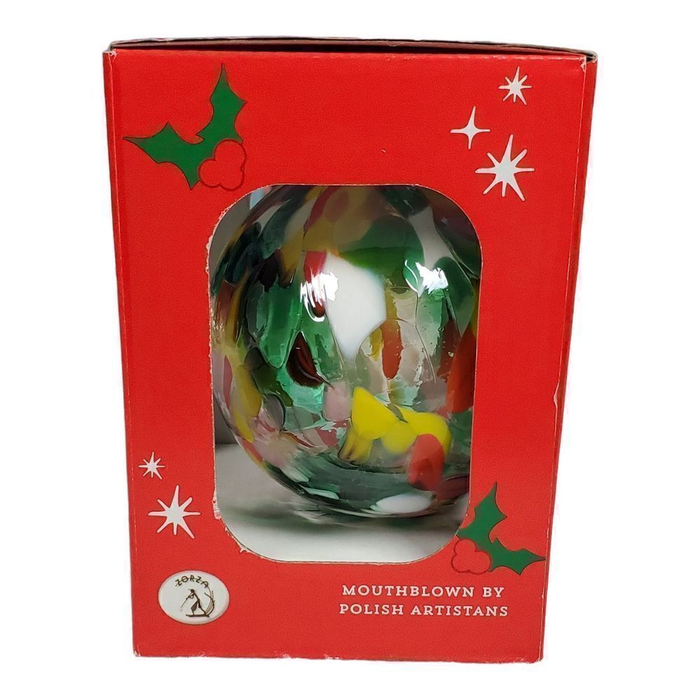 Glass Blown Ornament Christmas Tree Round Clear Red Green Decor Poland Handmade - Picture 2 of 9